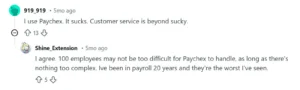 Reddit thread criticizing Paychex customer service and performance for complex payroll.