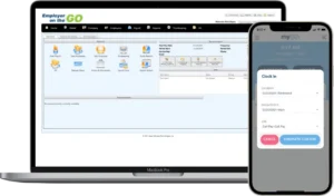 Employer on the GO laptop dashboard and myGO mobile clock-in app on a smartphone.